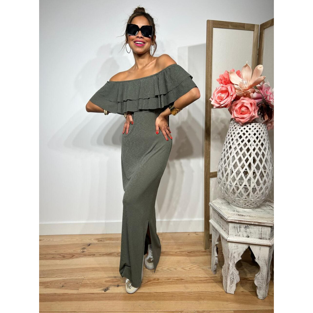 Vestido Escote Barco Volantes KATTERO Verde Militar HEVE
