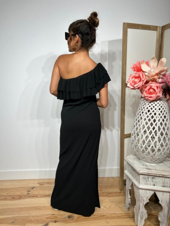 Vestido Escote Barco Volantes KATTERO Negro HEVE