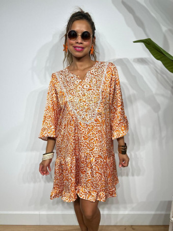 Vestido Volantes Estampado MOARILLA Naranja HEVE