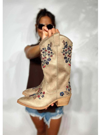 Bota Campera Bordado Floral BIHOLLIE Taupe HEVE