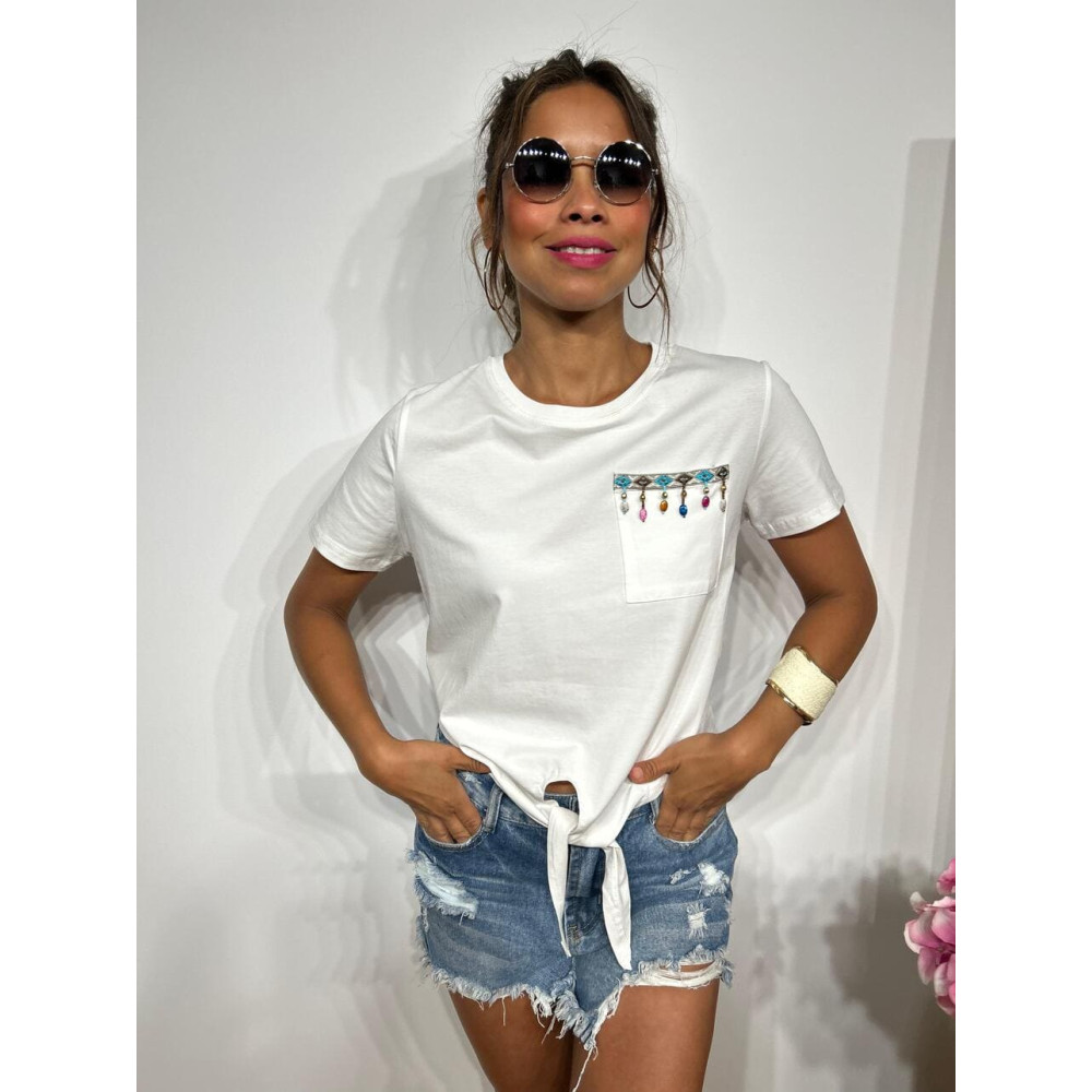 Camiseta Abalorios y Nudo SLOBBER Blanco HEVE Camiseta Abalorios y Nudo SLOBBER Blanco HEVE