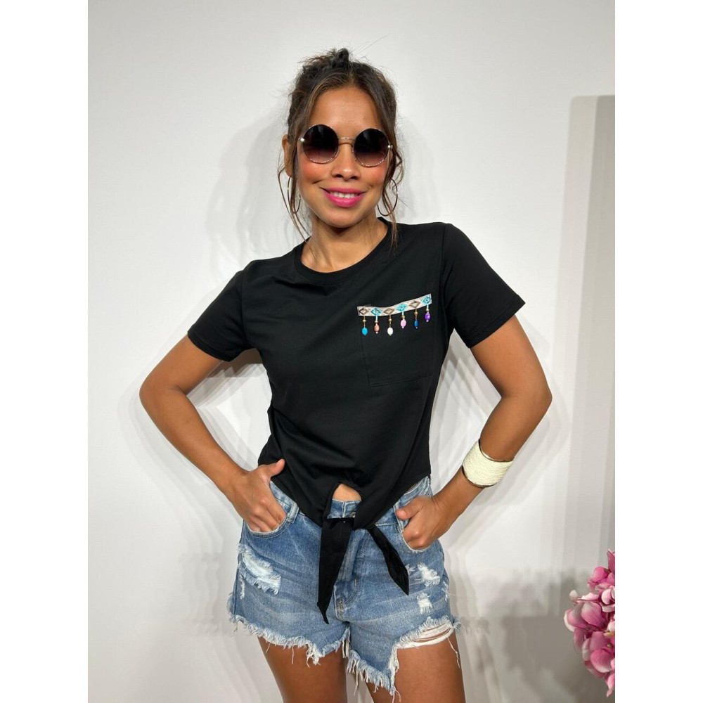 Camiseta Abalorios y Nudo SLOBBER Negro HEVE Camiseta Abalorios y Nudo SLOBBER Negro HEVE