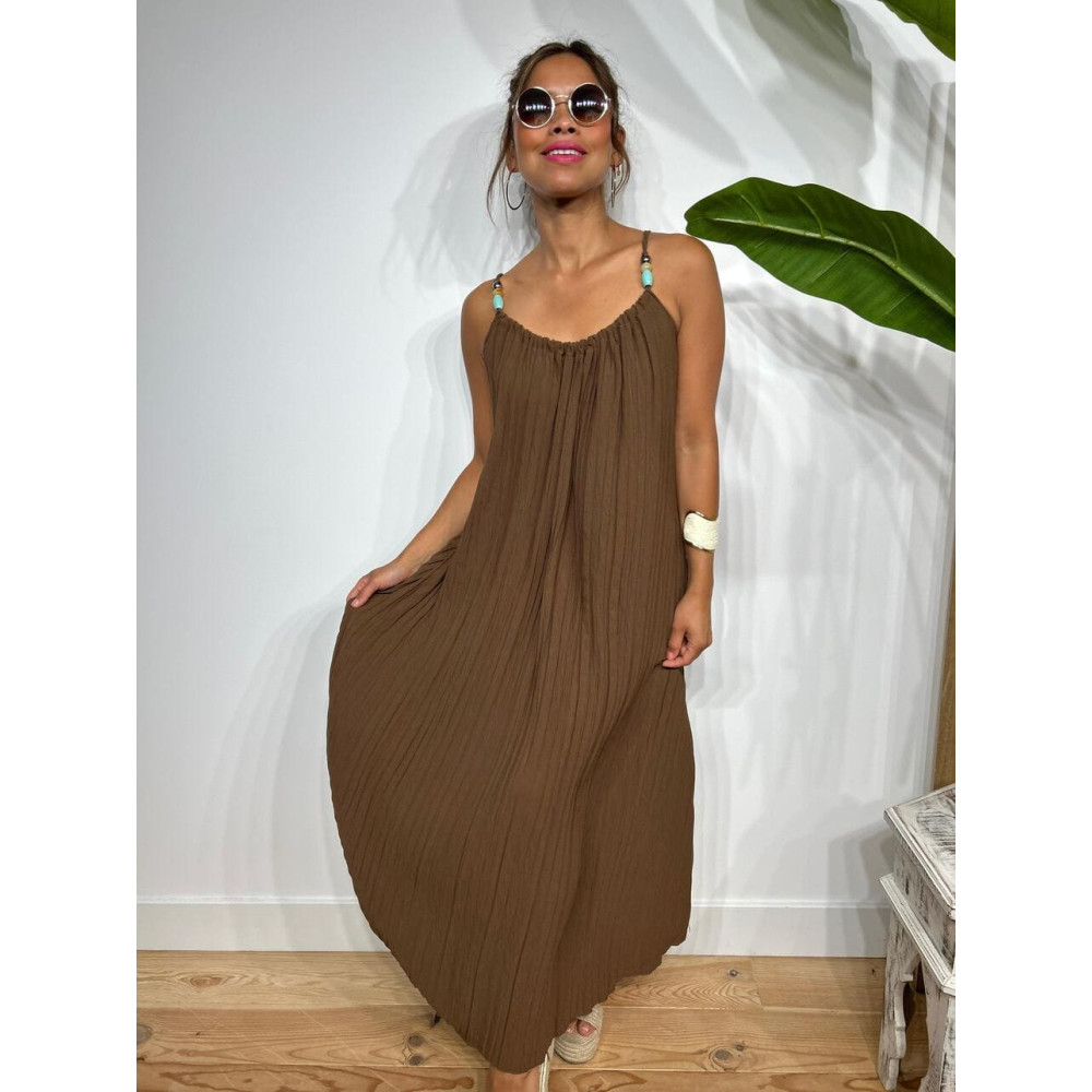 Vestido Plisado Abalorios LAURENTY Marrón HEVE Vestido Plisado Abalorios LAURENTY Marrón HEVE