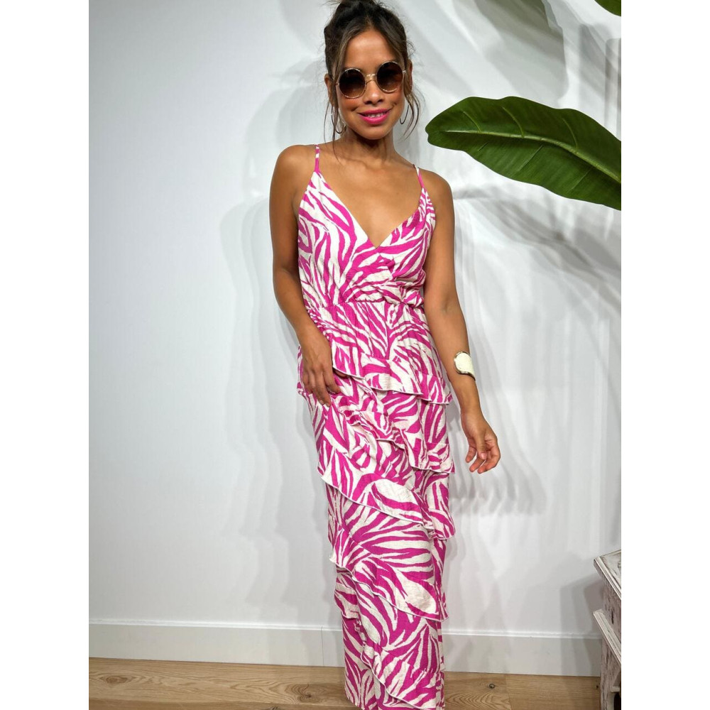 Vestido Print Volantes BAKORA Fucsia HEVE Vestido Print Volantes BAKORA Fucsia HEVE