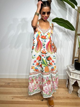 Vestido Efecto Lino Estampado Tropical MAKAYLA HEVE