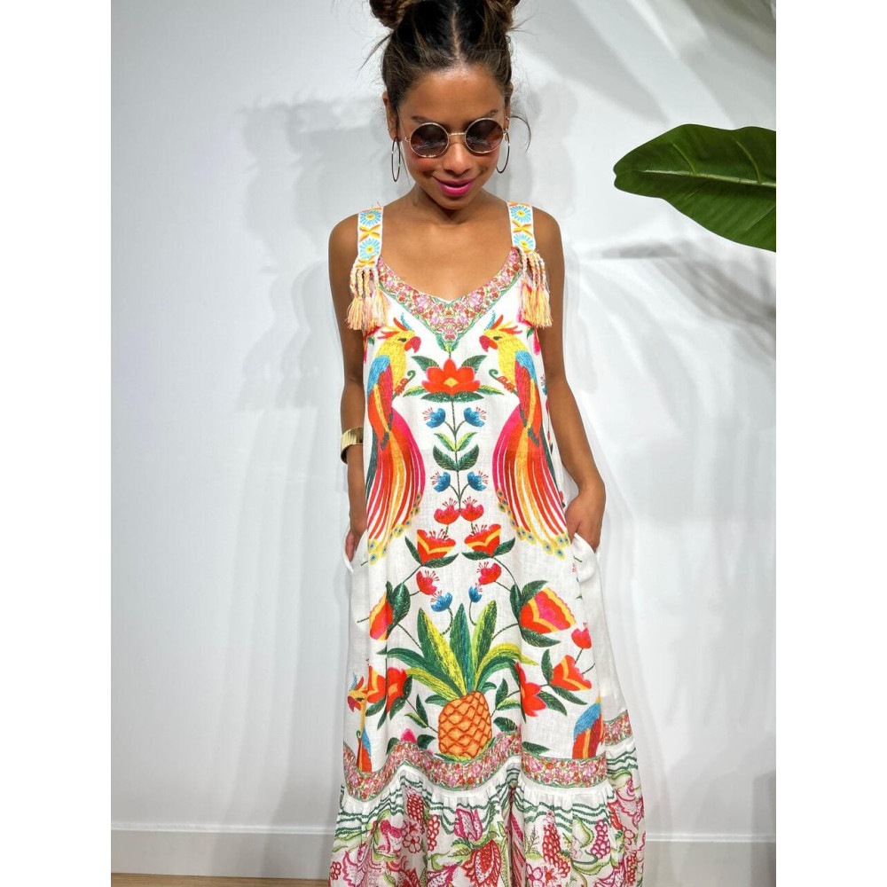 Vestido Efecto Lino Estampado Tropical MAKAYLA HEVE Vestido Efecto Lino Estampado Tropical MAKAYLA HEVE