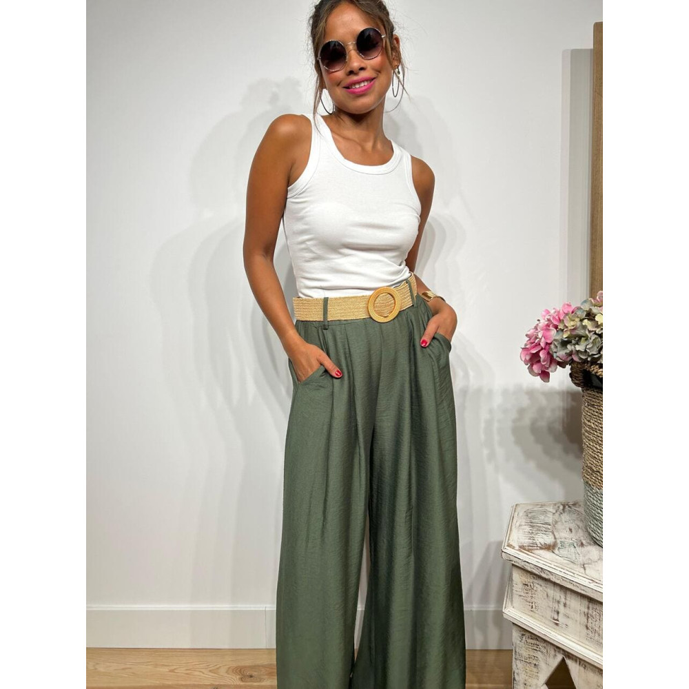 Pantalón Palazzo Cinturón Rafia RATHNEY Verde Militar HEVE
