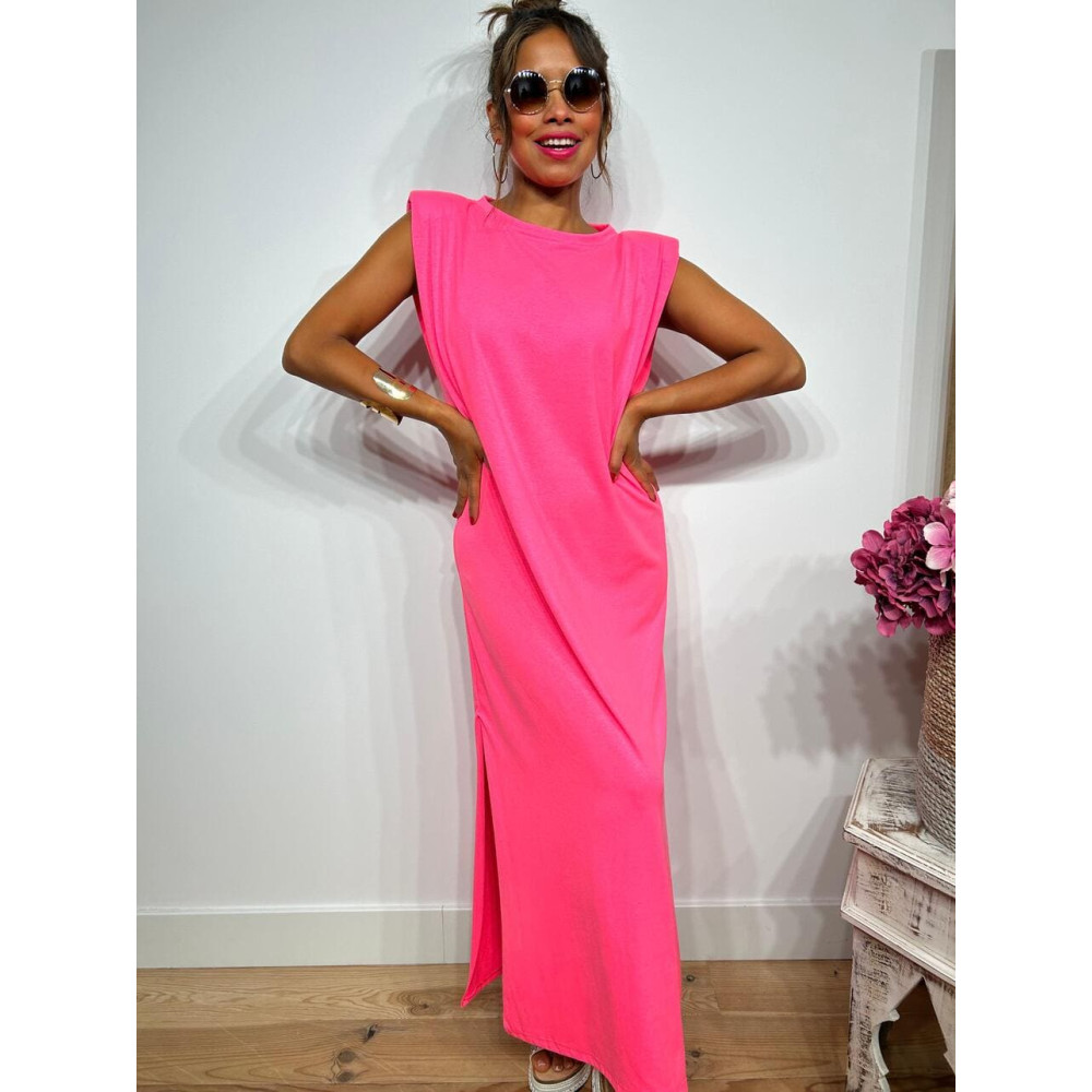 Vestido Básico Hombreras VARSOVIE Rosa Flúor HEVE Vestido Básico Hombreras VARSOVIE Rosa Flúor HEVE