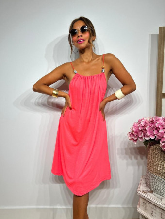 Vestido Corto Tirantes con Abalorios SACHILA Rosa Flúor HEVE