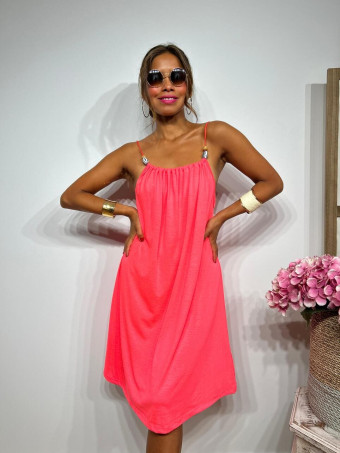 Vestido Corto Tirantes con Abalorios SACHILA Rosa Flúor HEVE