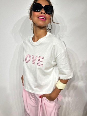 Camiseta Cropped Mensaje LOVE Blanco/Rosa HEVE