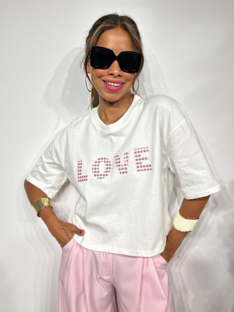 Camiseta Cropped Mensaje LOVE Blanco/Rosa HEVE