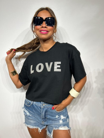 Camiseta Cropped Mensaje LOVE Negro/Blanco HEVE