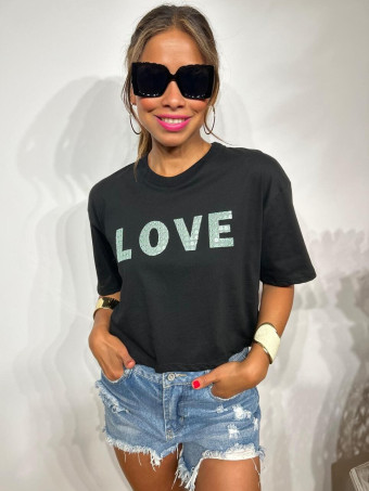 Camiseta Cropped Mensaje LOVE Negro/Menta HEVE
