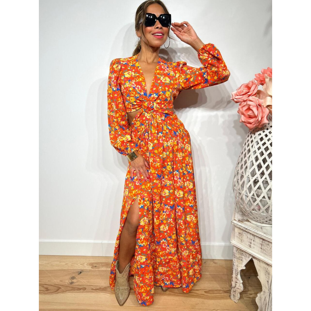 Vestido Cut Out Estampado Floral SOLENA Naranja HEVE