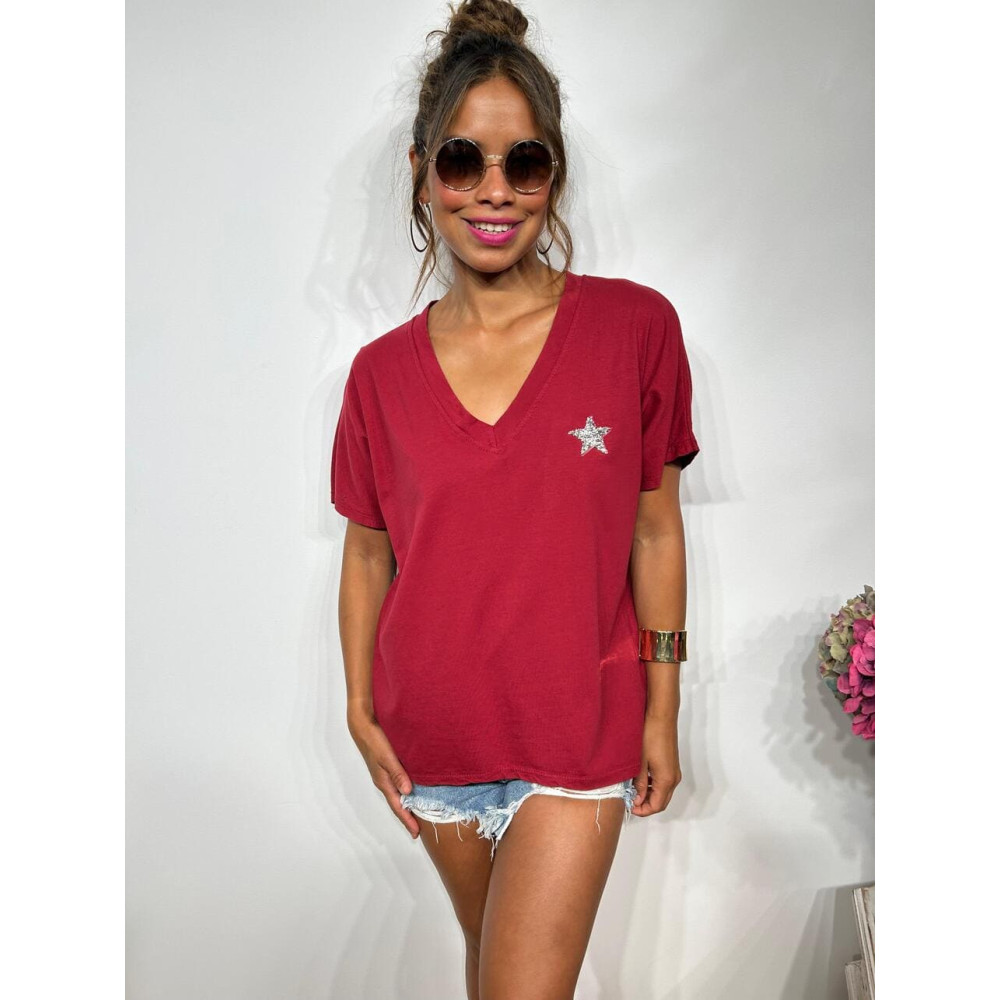 Camiseta Algodón Estrella Glitter STARLETT Burdeos heve Camiseta Algodón Estrella Glitter STARLETT Burdeos heve