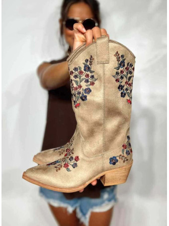 Bota Campera Bordado Floral BIHOLLIE Taupe HEVE