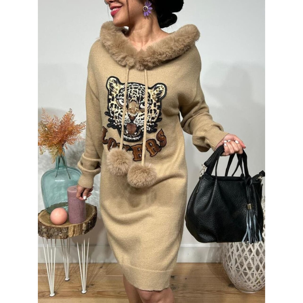 Vestido Punto Pompones Leopardo Taupe HEVE