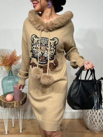 Vestido Punto Pompones Leopardo Taupe HEVE