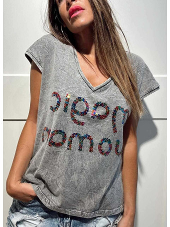 Camiseta Mensaje Lentejuelas MAGIC WOMAN Gris HEVE