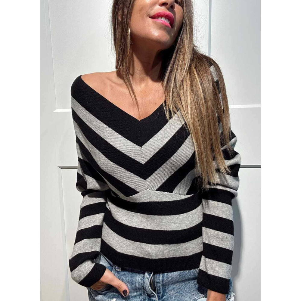 Punto Rayas Escote Pico VELMARA Negro HEVE