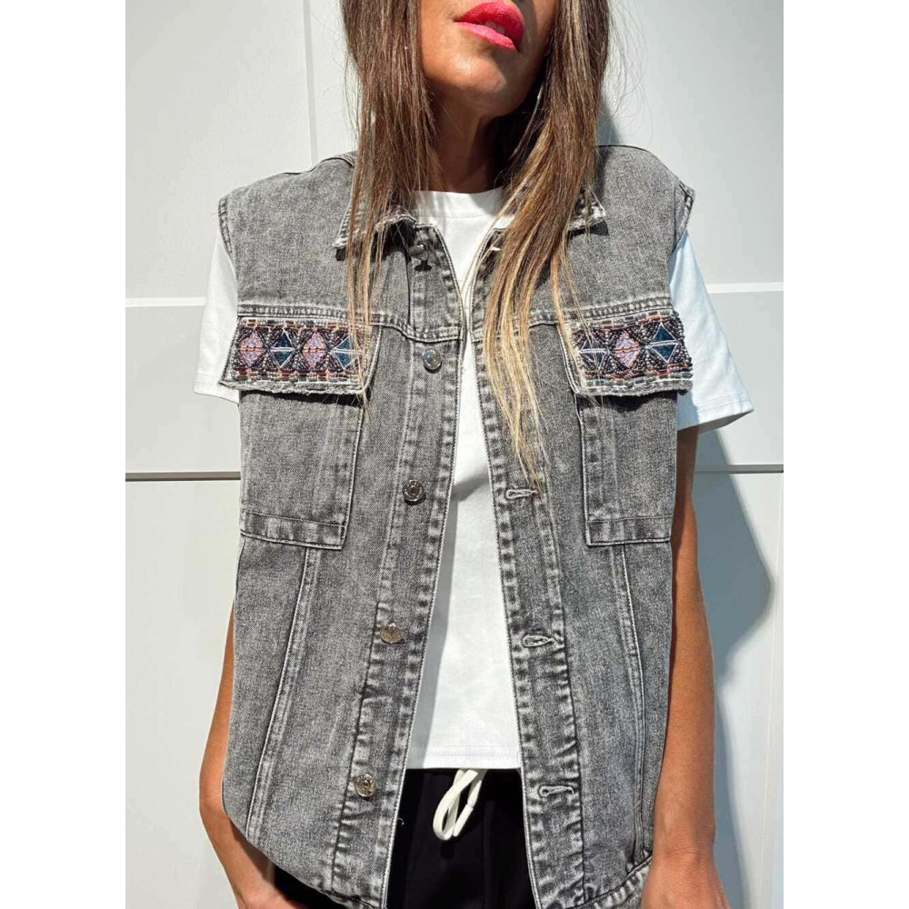 Chaleco Vaquero Strass NAYZARA Gris HEVE Chaleco Vaquero Strass NAYZARA Gris HEVE