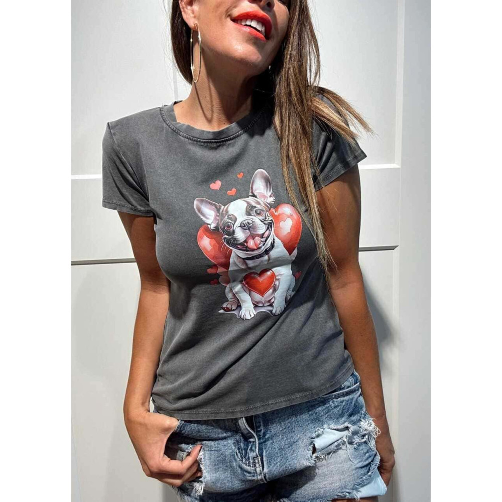 Camiseta Algodón FRENCHIE LOVE Gris HEVE Camiseta Algodón FRENCHIE LOVE Gris HEVE