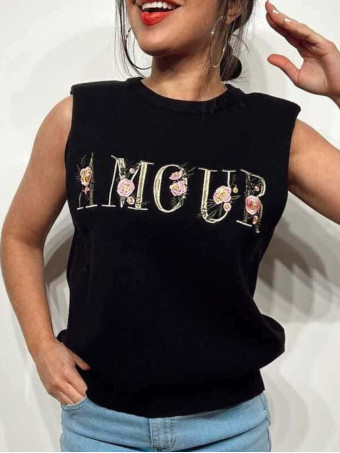 Chaleco Punto Bordado AMOUR Negro HEVE