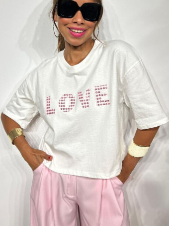 Camiseta Cropped Mensaje LOVE Blanco/Rosa HEVE