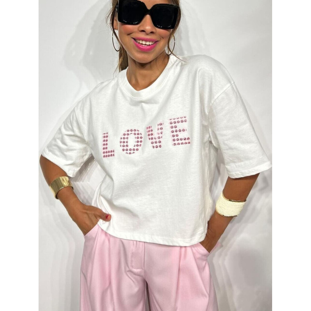 Camiseta Cropped Mensaje LOVE Blanco/Rosa HEVE Camiseta Cropped Mensaje LOVE Blanco/Rosa HEVE