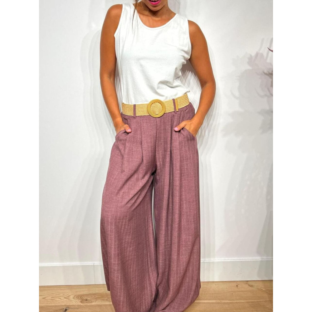 Pantalón Palazzo Cinturón Rafia KOTLIN Berenjena HEVE