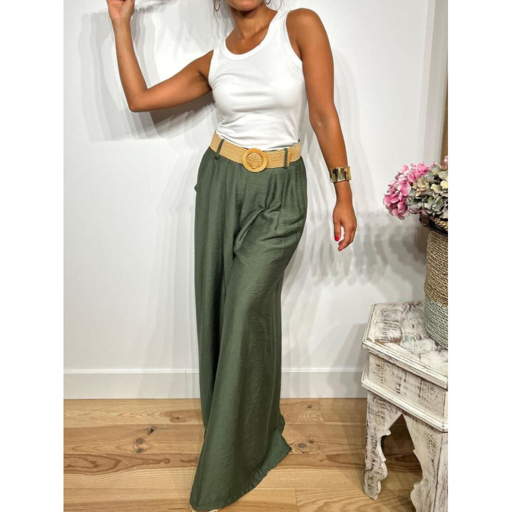 Pantalón Palazzo Cinturón Rafia RATHNEY Verde Militar HEVE
