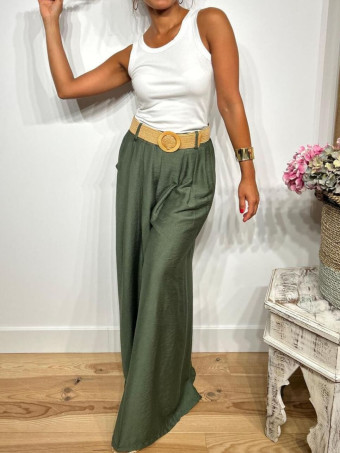 Pantalón Palazzo Cinturón Rafia RATHNEY Verde Militar HEVE