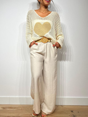 Pantalón Lino Cinturón Rafia YESTER Beige HEVE
