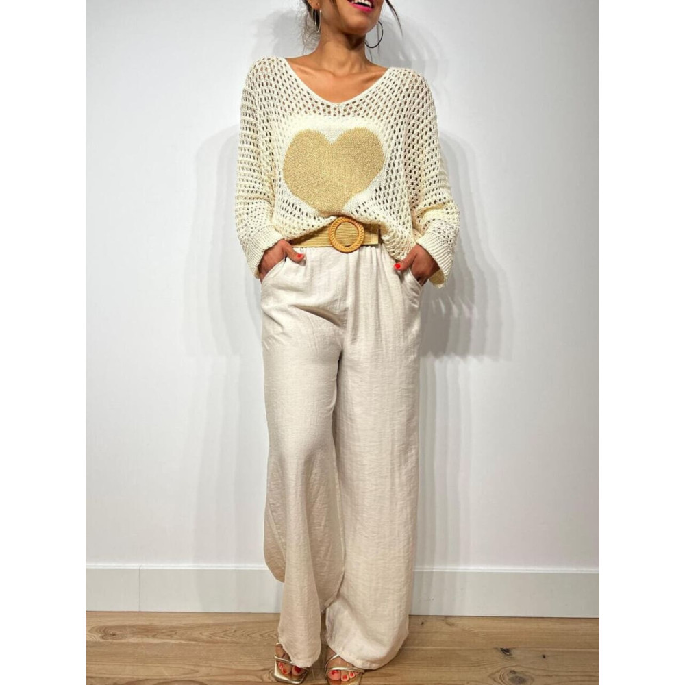Pantalón Lino Cinturón Rafia YESTER Beige HEVE