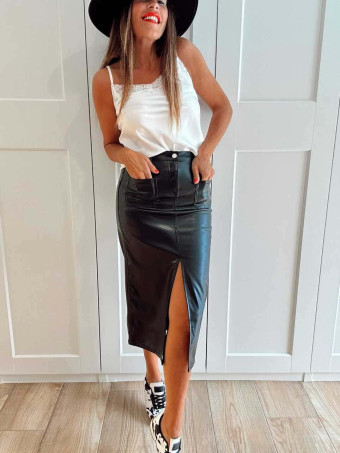 Falda Midi Polipiel NYKARA Negro HEVE