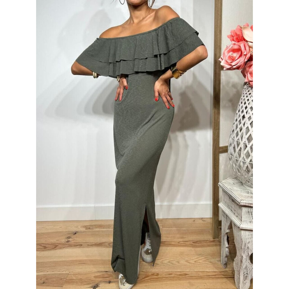 Vestido Escote Barco Volantes KATTERO Verde Militar HEVE