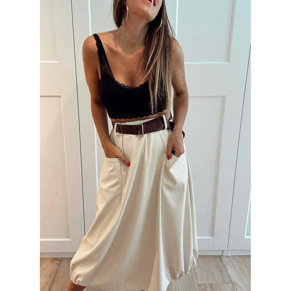 Falda Polipiel con Cinturón VELKARA Beige HEVE Falda Polipiel con Cinturón VELKARA Beige HEVE
