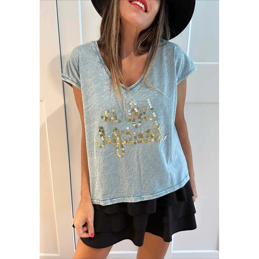 Camiseta Mensaje Lentejuelas LIFE IS BEAUTIFUL Azul HEVE
