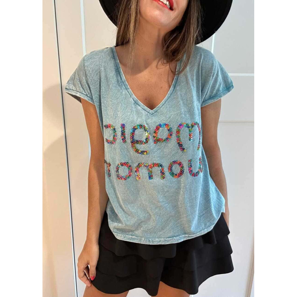 Camiseta Mensaje Lentejuelas MAGIC WOMAN Azul HEVE Camiseta Mensaje Lentejuelas MAGIC WOMAN Azul HEVE