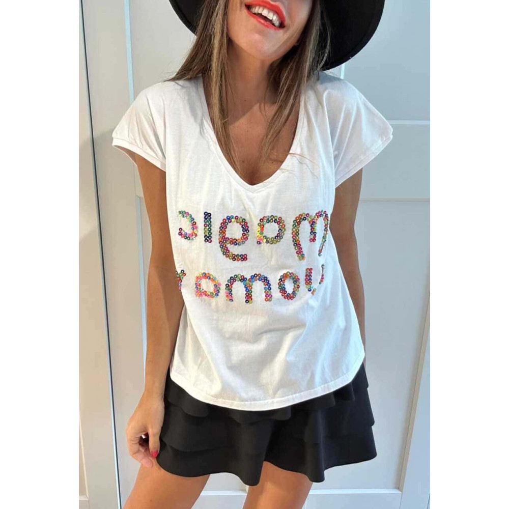 Camiseta Mensaje Lentejuelas MAGIC WOMAN Blanco HEVE
