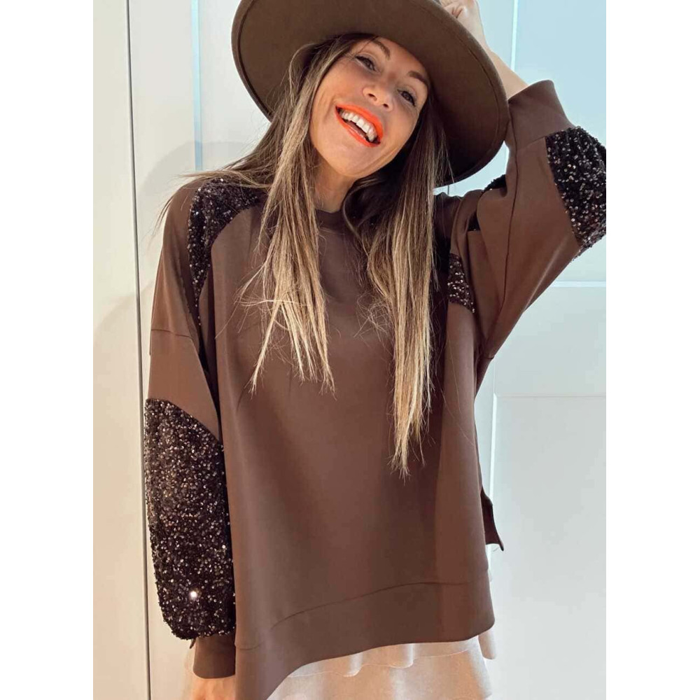 Sudadera Oversize Lentejuelas GALLIOR Marrón HEVE