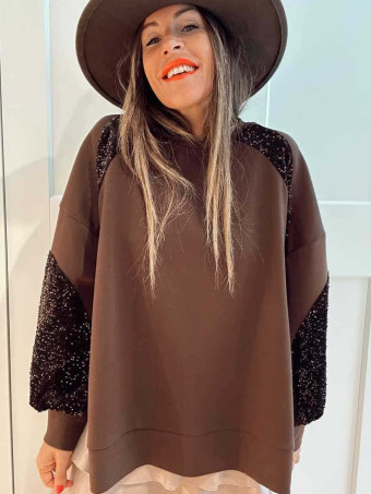 Sudadera Oversize Lentejuelas GALLIOR Marrón HEVE