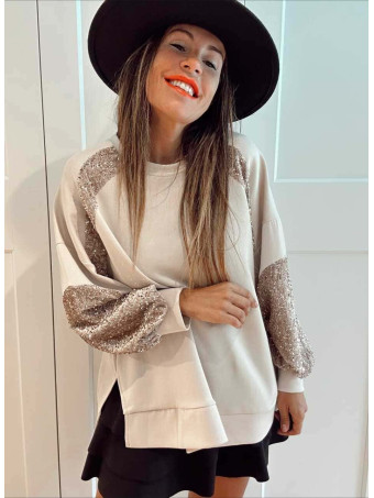 Sudadera Oversize Lentejuelas GALLIOR Beige HEVE
