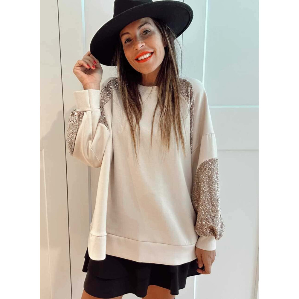 Sudadera Oversize Lentejuelas GALLIOR Beige HEVE