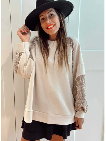 Sudadera Oversize Lentejuelas GALLIOR Beige HEVE