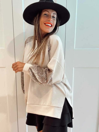 Sudadera Oversize Lentejuelas GALLIOR Beige HEVE
