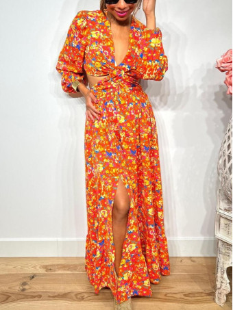 Vestido Cut Out Estampado Floral SOLENA Naranja HEVE