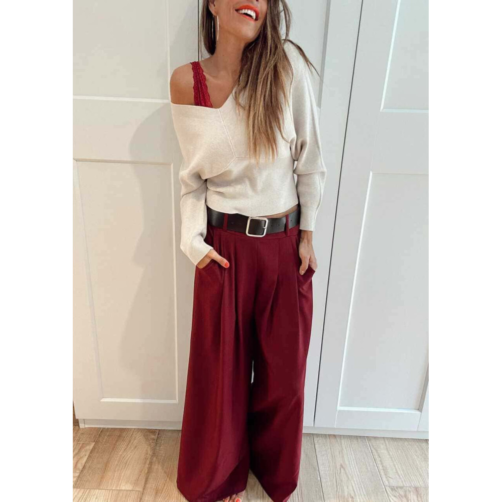 Pantalón Palazzo Cinturón CHARMELLIE Burdeos HEVE