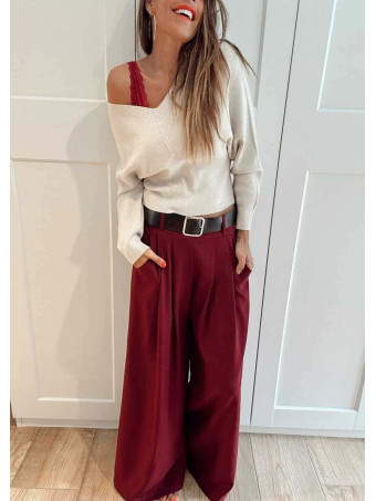Pantalón Palazzo Cinturón CHARMELLIE Burdeos HEVE